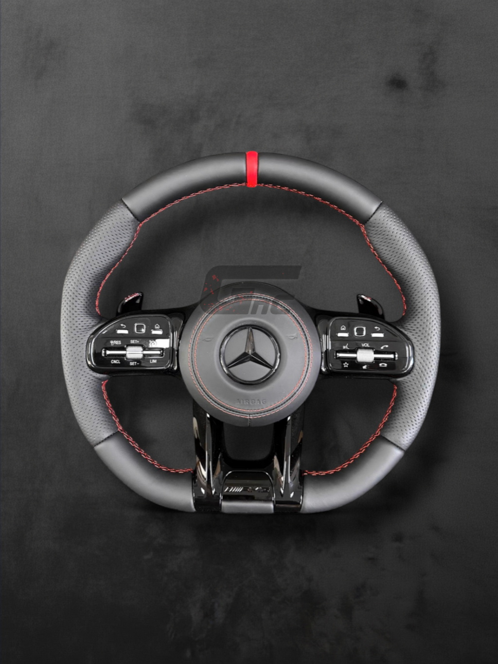 Custom AMG Flat-Bottom Wheel — Black Gloss & Red Center Stripe