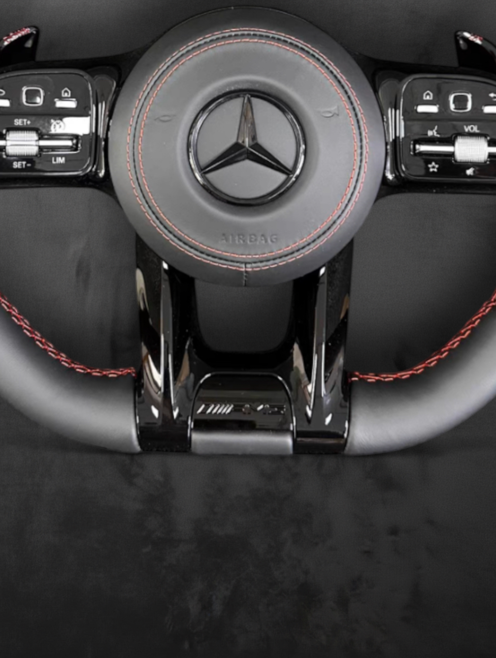 Custom AMG Flat-Bottom Wheel — Black Gloss & Red Center Stripe